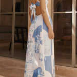 Unique Print Back Tie-up Slip Flared Maxi Dress