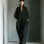 Women's Black Cotton Blend Fabric Oversized Kimono-Sleeve Maxi Dress With Pockets