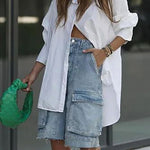 Loose Wide Leg Buttoned Fringed Pockets Split-Joint Cropped Trousers Jean Pants Bottoms