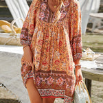 A-Line Loose Contrast Color Flower Print Pleated V-Neck Mini Dresses