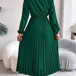 Elasticated Waist High Waisted Pleated Solid Color V-Neck Midi Dresses