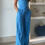 Linen Blend Striped Button Halter Backless Vest and Elastic Waist Pocket Pants Set