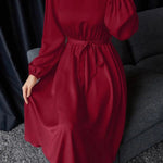 Loose Puff Sleeves Elasticity Pleated Solid Color Split-Joint Tied Waist Round-Neck Midi Dresses