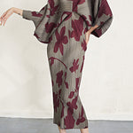 Batwing Sleeves Loose Pleated Printed V-Neck Midi Dresses
