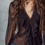 Retro Romantic Black Lace Trim Sheer Chiffon Ruffle Blouse