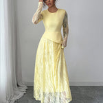 A-Line Irregularity Asymmetric Flower Print Layered See-Through Solid Color Split-Joint Round-Neck Maxi Dresses