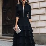 Zip-Front Tiered Midi Dress With Structured Waist