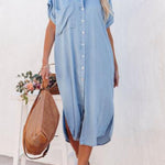 Fashion Solid Color Denim Short Sleeve Long Slit Shirt Dress