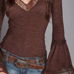Retro Shiny Knitted T-shirt With Flared Sleeves And Lace Trim