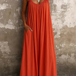 A-Line Loose Pleated Pockets Ruffled Solid Color Split-Joint U-Neck Maxi Dresses