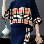 Loose Three-Quarter Sleeves Plaid Pullovers Sweater Tops