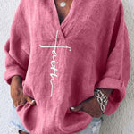 Women's Faith Printed Casual Long Sleeve V-Neck Cotton And Linen Shirt
