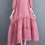 A-Line Half Sleeves Elasticity Jacquard Solid Color Split-Joint V-Neck Midi Dresses
