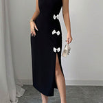 Bodycon High Waisted Bowknot Split-Side Round-Neck Midi Dresses