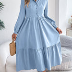 High Waisted Long Sleeves Pleated Ruffled Solid Color Lapel Midi Dresses Shirt Dress