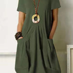 Cotton Linen Solid Color Loose Round Neck Short Sleeve Tank Dress