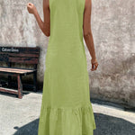 A-Line Loose Pleated Ruffle Trim Solid Color V-Neck Maxi Dresses