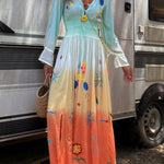 Gigi Unique Pattern Gradient Print Smocked Elastic Waist Fringed Maxi Dress