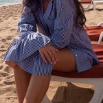 Striped Print Ruffled Long Sleeve Pockets Loose Shirt