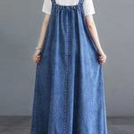 A-Line Loose Pleated Pockets Split-Joint Spaghetti-Neck Maxi Dresses Suspender Dress