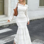 Bodycon Flared Sleeves Flower Print Pleated See-Through Solid Color Split-Joint Textured Round-Neck Maxi Dresses