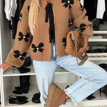 Vernie Knit Jewelry Pendant Bow Pattern Front Tie-up Long Sleeve Loose Cardigan