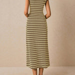 Sleeveless Contrast Color Split-Joint Striped Round-Neck Midi Dresses