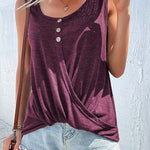 Kink T-Shirt Solid Color Cross Button Round Neck Sleeveless Tank Top