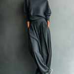 Women's Charcoal Knit Fabric Turtleneck Oversized Top & Wide-Leg Pants Set