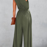 Jungle Green Deep V Pocketed Pleated Wide Leg Jumpsuit