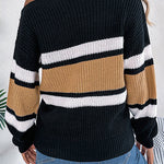 Striped Contrasting Metal Buckle Loose Long-sleeved Knitted Sweater