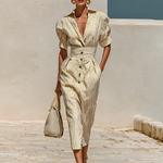 Women's Striped Lapel Short Sleeve Waist Midi Dress