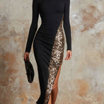 Elegant And Sparkling Sequined Black Stretch Cotton Party Maxi Dress