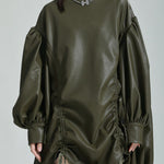 High-Low Long Sleeves Drawstring Pleated Solid Color Stand Collar Mini Dresses