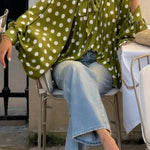 Polka Dot Print Tie-waist Lantern Sleeve Elegant Loose Shirt