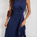 A-Line High Waisted Asymmetric Pleated Solid Color Split-Joint Round-Neck Midi Dresses