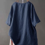 Women'S Embroidered Cotton And Linen O-Neck Button Short Sleeve Blouse