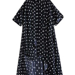 A-Line High-Low Asymmetric Buttoned Polka-Dot Lapel Midi Dresses Shirt Dress