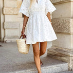 A-line High Waisted Elasticity Hollow Solid Color V-neck Mini Dresses