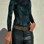Antarey Velvet Mesh Unique Pattern Long Sleeve Stretch Bodysuit