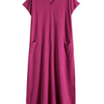 Simple Ramie Cotton Solid Color Split-Side With Pocket V-Neck Short Sleeves Maxi Dress