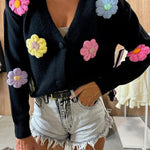 Ezro Knit Colorful Dimensional Flowers Button Up Loose Cardigan