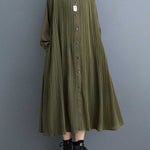 A-Line Long Sleeves Buttoned Pleated Pockets Split-Joint Lapel Midi Dresses Shirt Dress