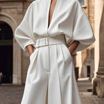 Half Sleeves Loose No Belt Solid Color Deep V-Neck Jumpsuits