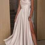 Solid Color Suspender Back Pleated Elegant Slit Full Hem Maxi Dress