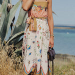 Summer Vibes Linen Blend Unique Print Smocked Belt Midi Dress