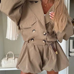 Fashion Style Button Long Balloon Sleeve Pocket Lapel Casual Bomber Jacket