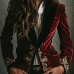 Elegant Black Collar Gold Luxury Embroidered Velvet Blazer
