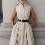 Sleeveless High-Neck Belted A-Line Midi Dress