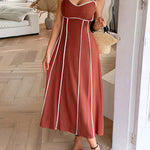 A-Line High Waisted Contrast Color Zipper Spaghetti-Neck Midi Dresses